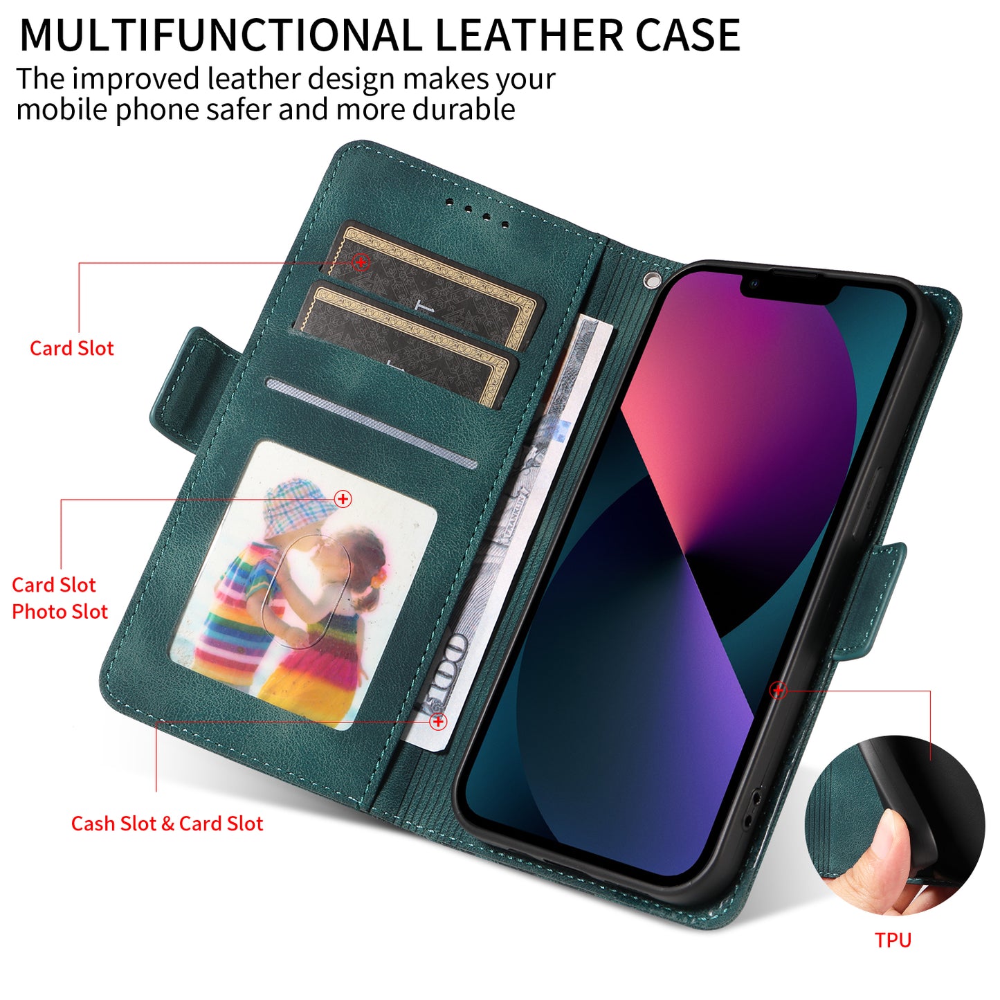 For iPhone 17 Leather Cases Wallet Rhombus Imprinted Phone Cover Stand with Strap - Green