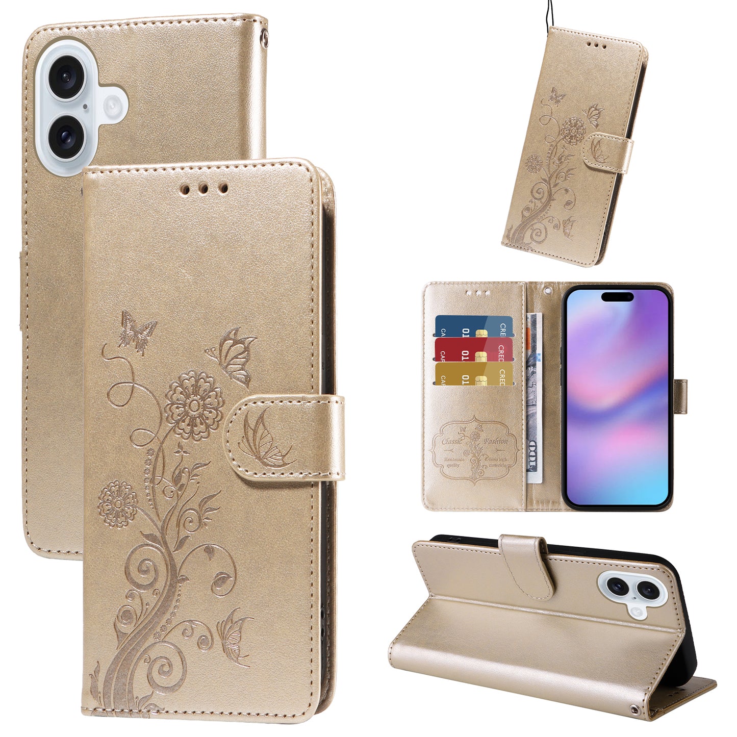 For iPhone 17 Leather Case Butterfly Floral Imprint Wallet Stand Cover - Golden