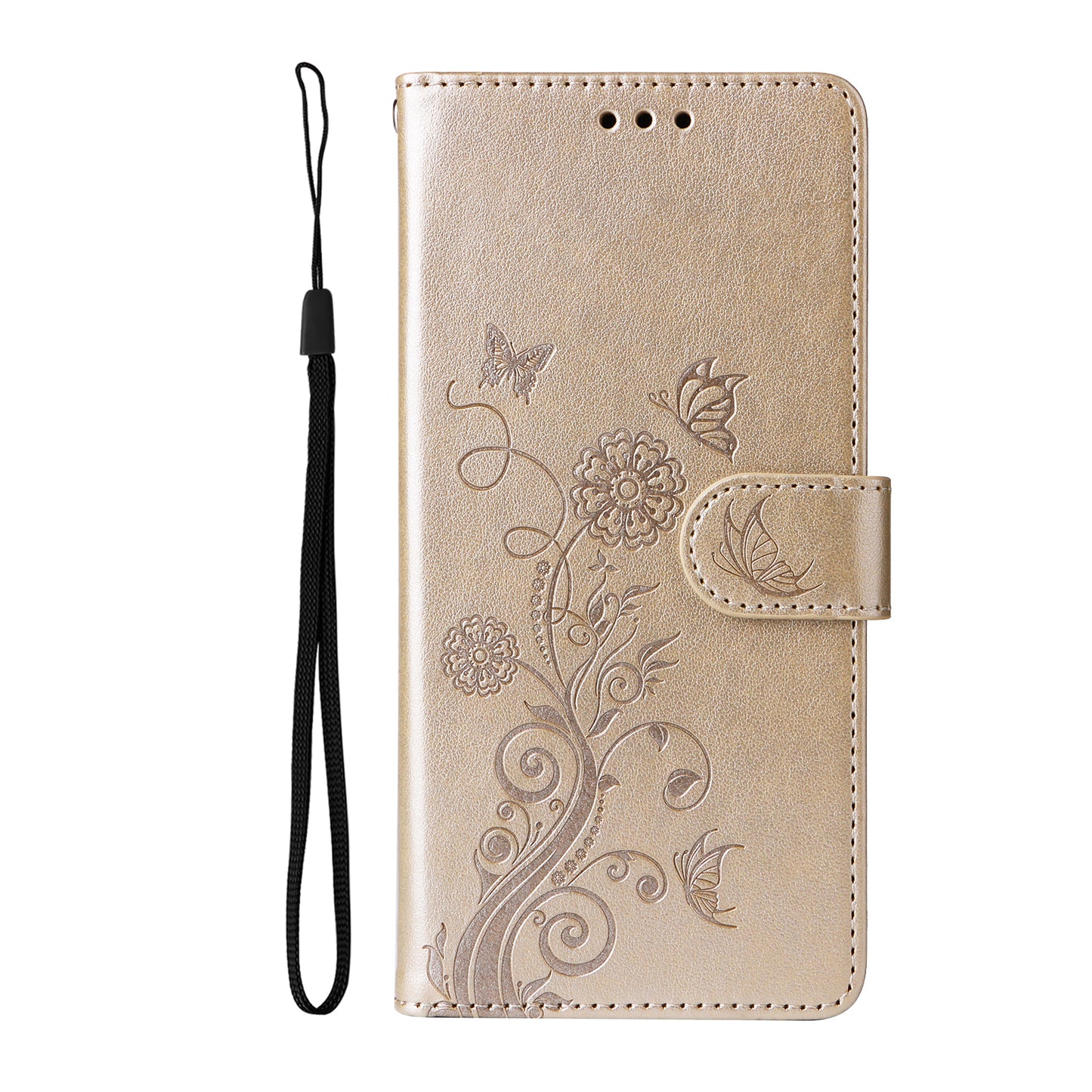 For iPhone 17 Leather Case Butterfly Floral Imprint Wallet Stand Cover - Golden