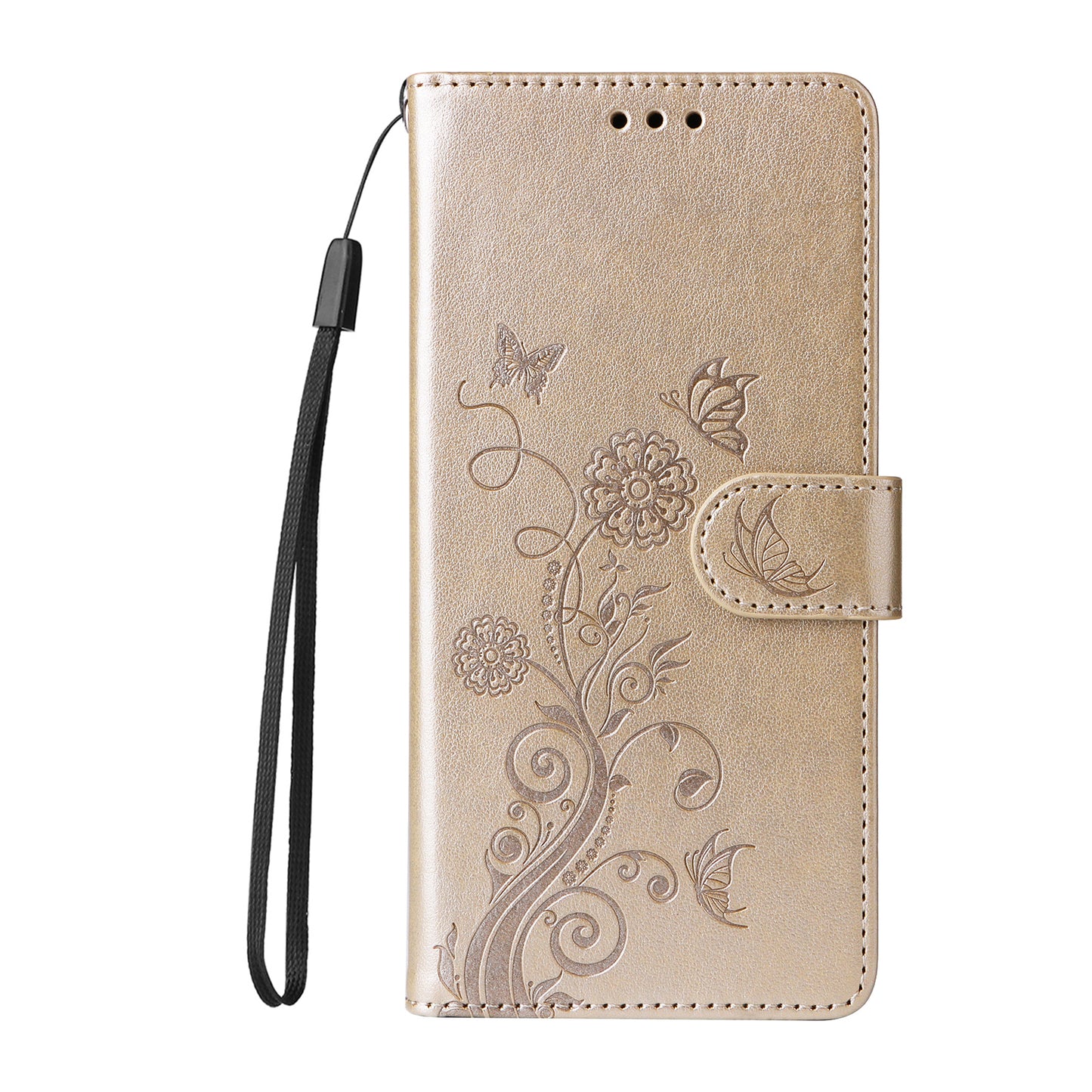 For iPhone 17 Leather Case Butterfly Floral Imprint Wallet Stand Cover - Golden
