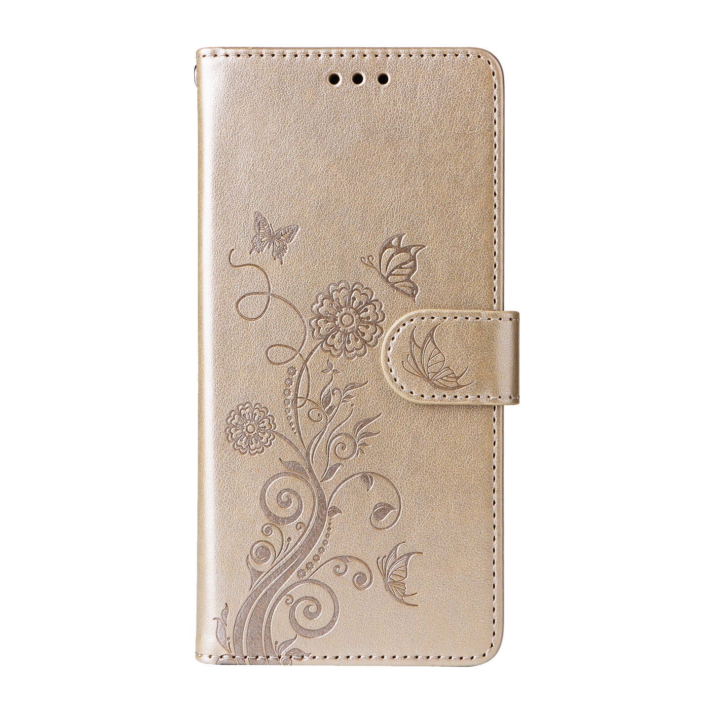 For iPhone 17 Leather Case Butterfly Floral Imprint Wallet Stand Cover - Golden