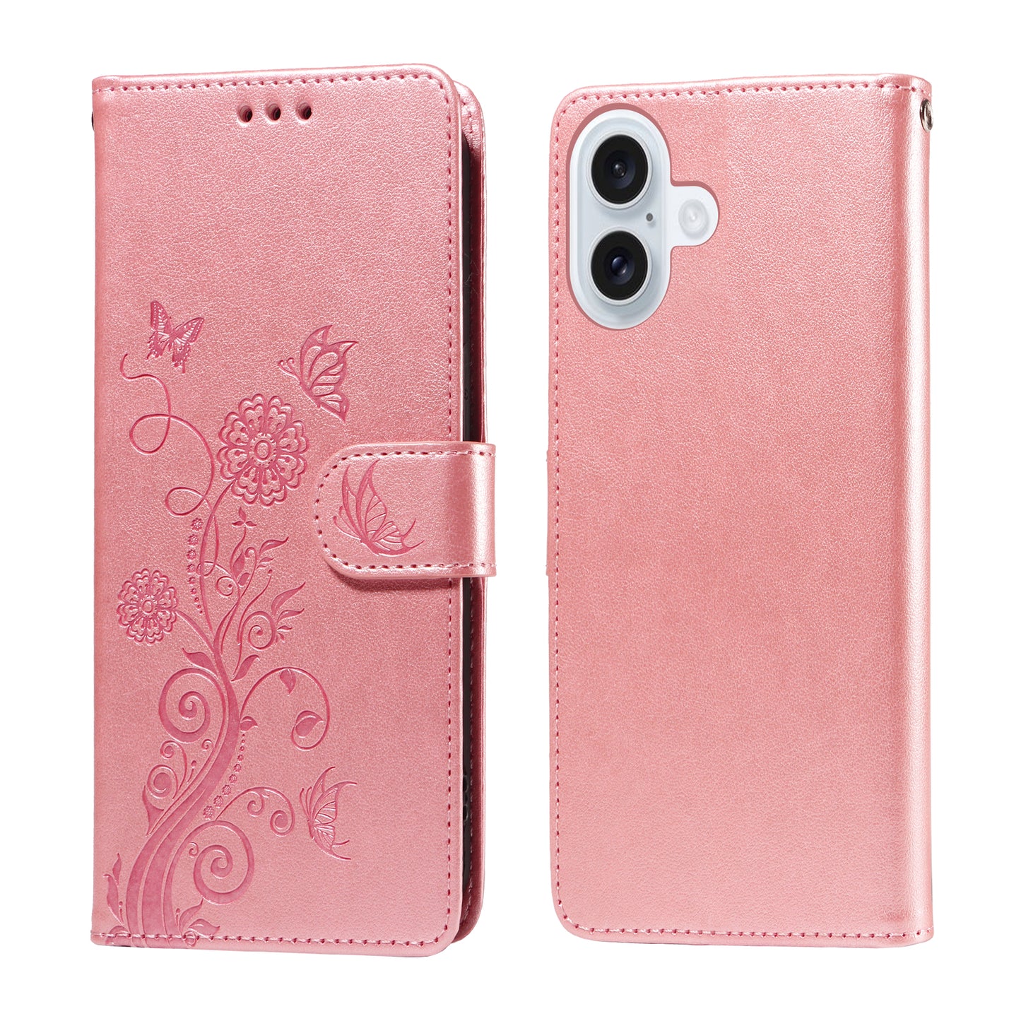 For iPhone 17 Leather Case Butterfly Floral Imprint Wallet Stand Cover - Pink