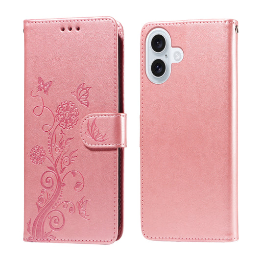 For iPhone 17 Leather Case Butterfly Floral Imprint Wallet Stand Cover - Pink