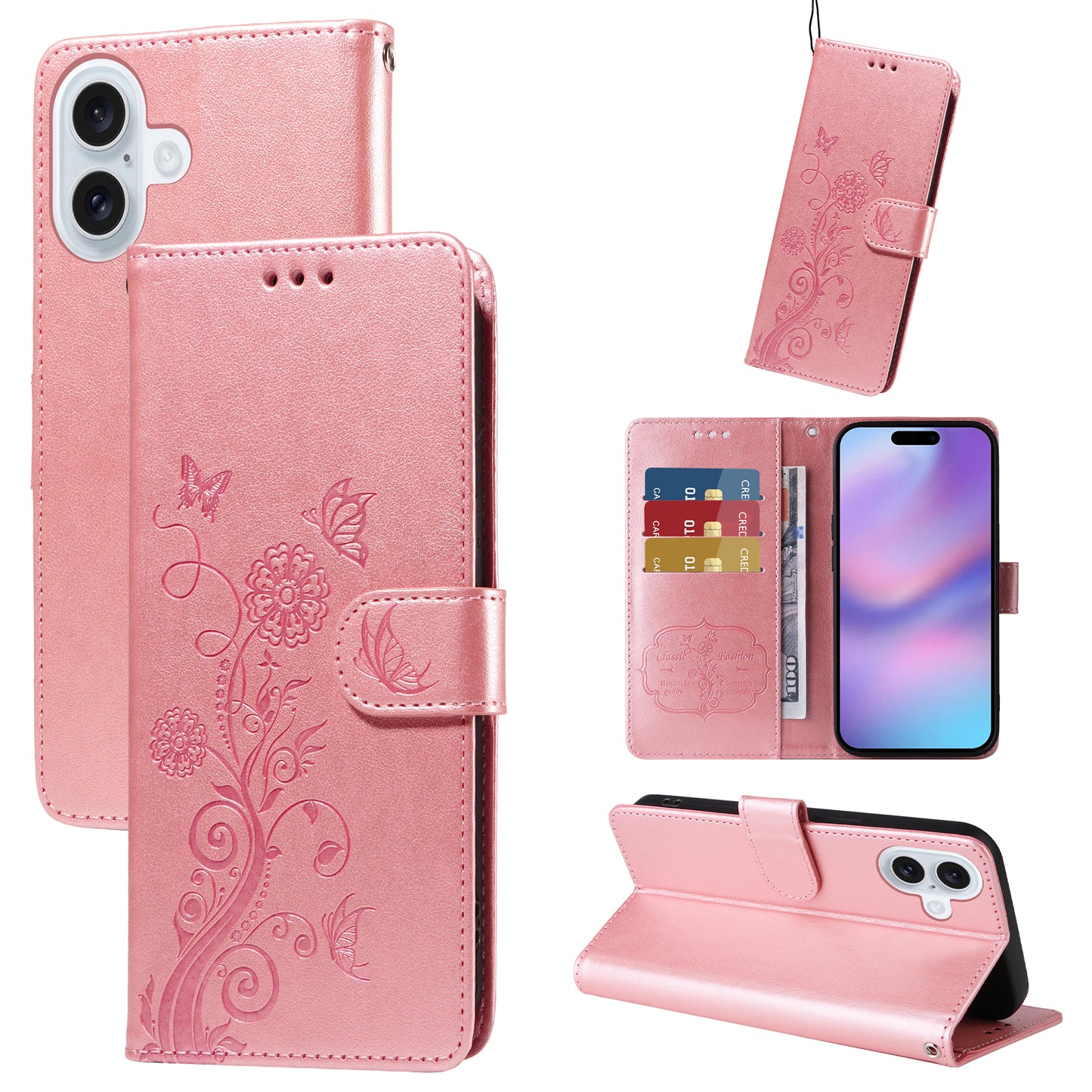 For iPhone 17 Leather Case Butterfly Floral Imprint Wallet Stand Cover - Pink
