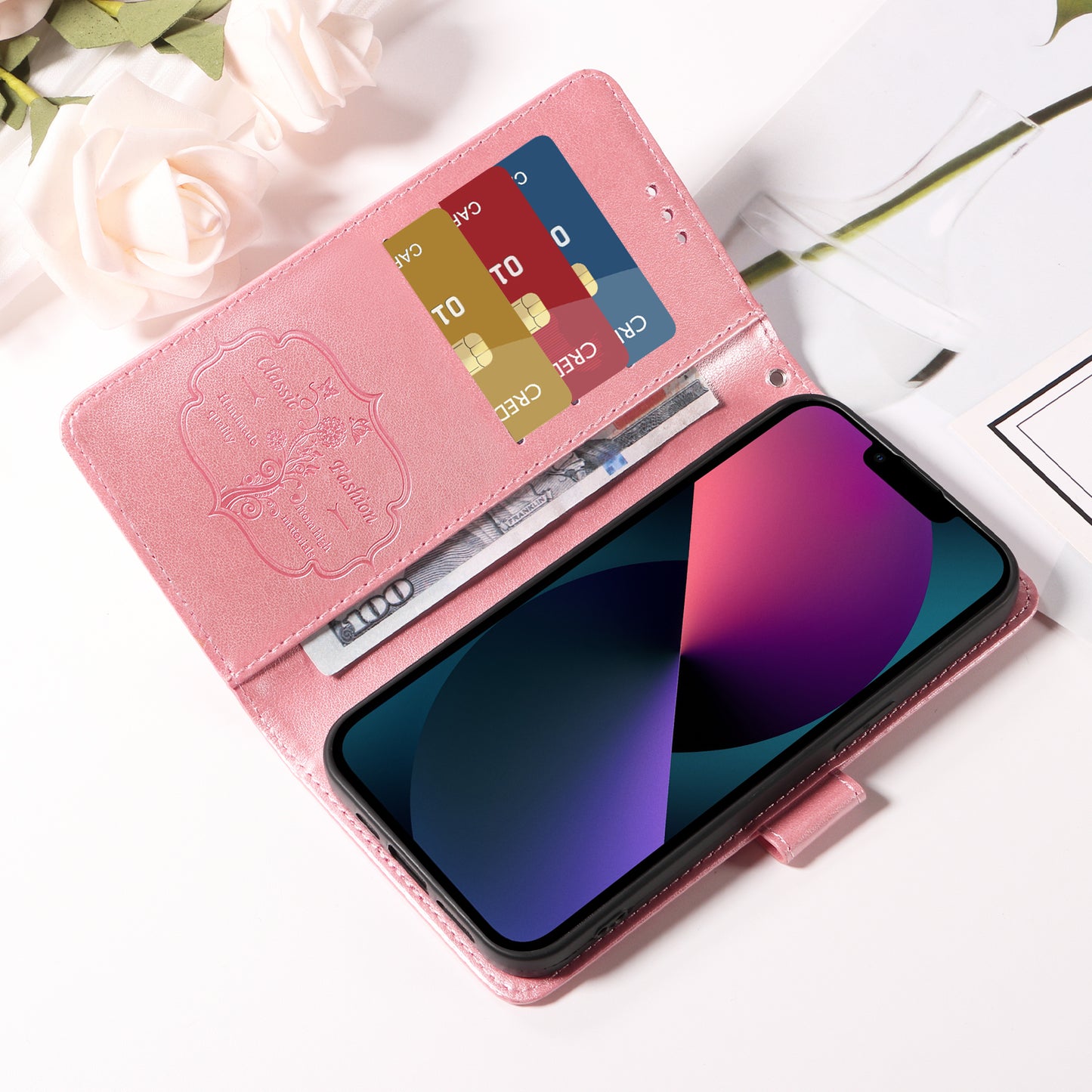 For iPhone 17 Leather Case Butterfly Floral Imprint Wallet Stand Cover - Pink