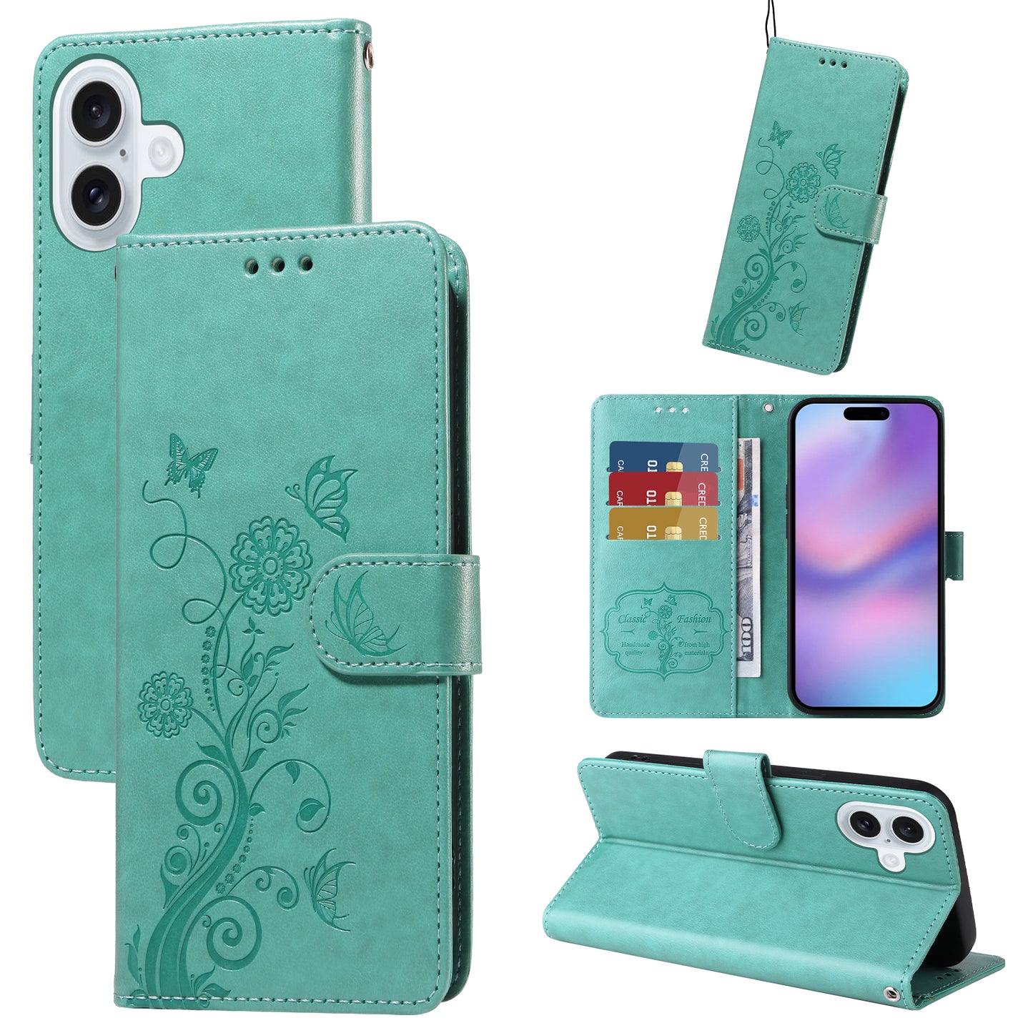 For iPhone 17 Leather Case Butterfly Floral Imprint Wallet Stand Cover - Green