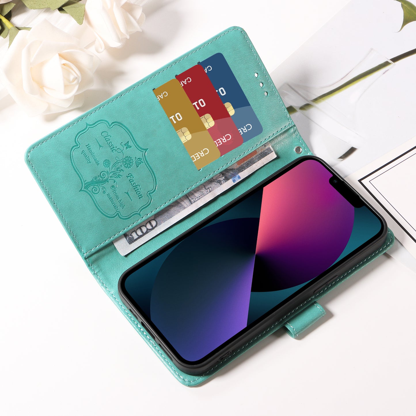 For iPhone 17 Leather Case Butterfly Floral Imprint Wallet Stand Cover - Green