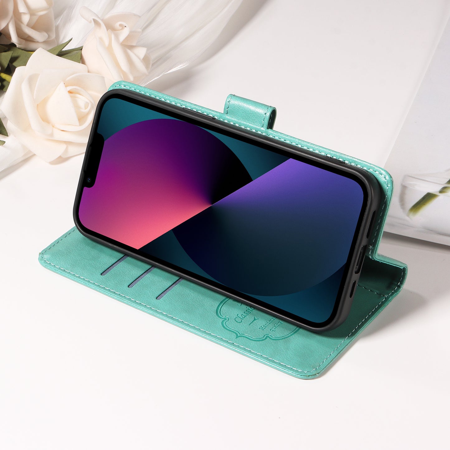 For iPhone 17 Leather Case Butterfly Floral Imprint Wallet Stand Cover - Green
