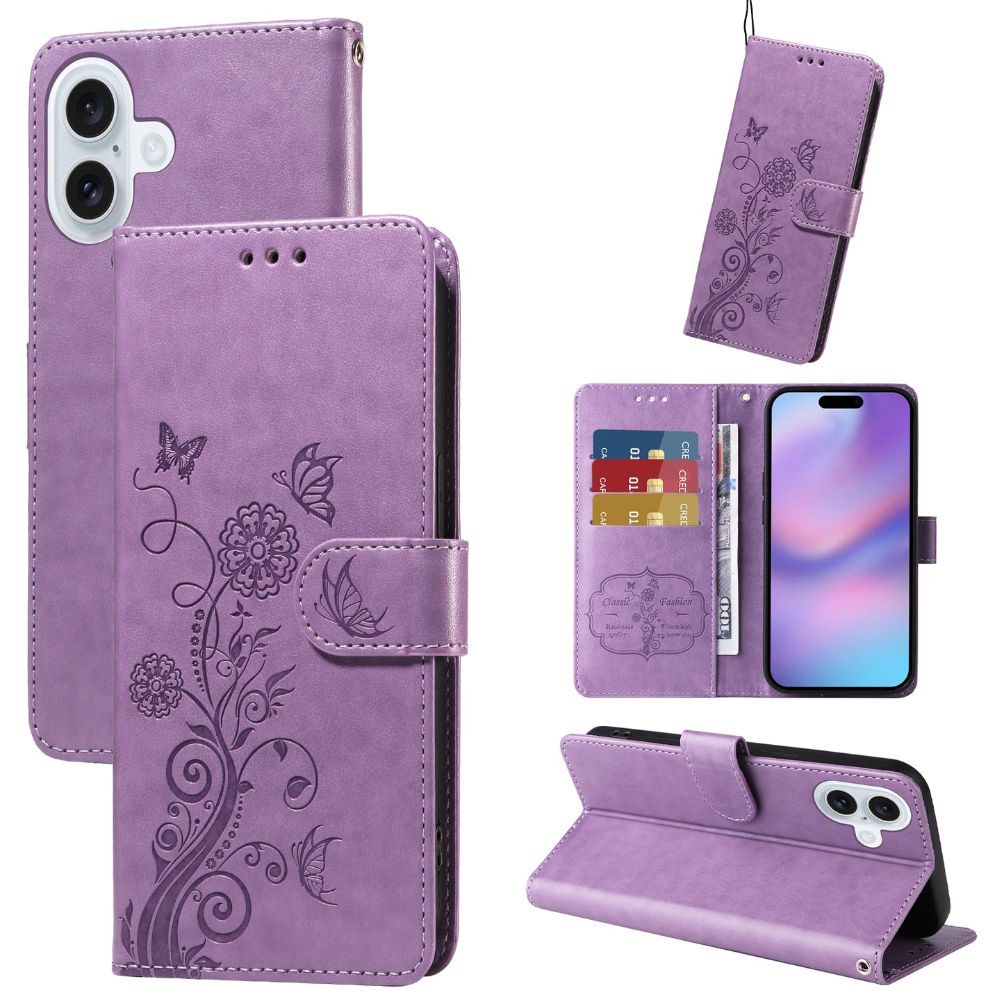 For iPhone 17 Leather Case Butterfly Floral Imprint Wallet Stand Cover - Purple