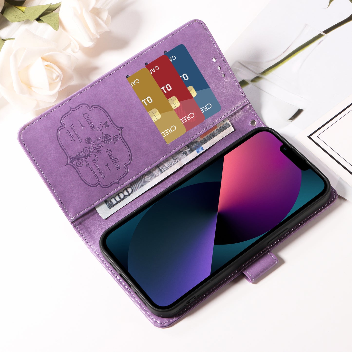 For iPhone 17 Leather Case Butterfly Floral Imprint Wallet Stand Cover - Purple