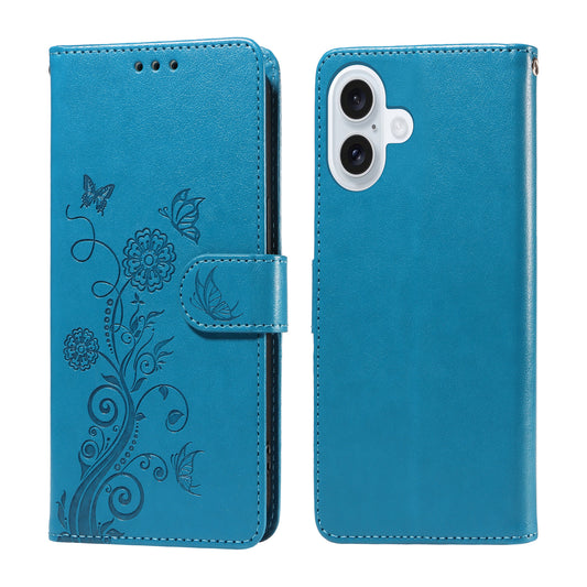 For iPhone 17 Leather Case Butterfly Floral Imprint Wallet Stand Cover - Blue 
