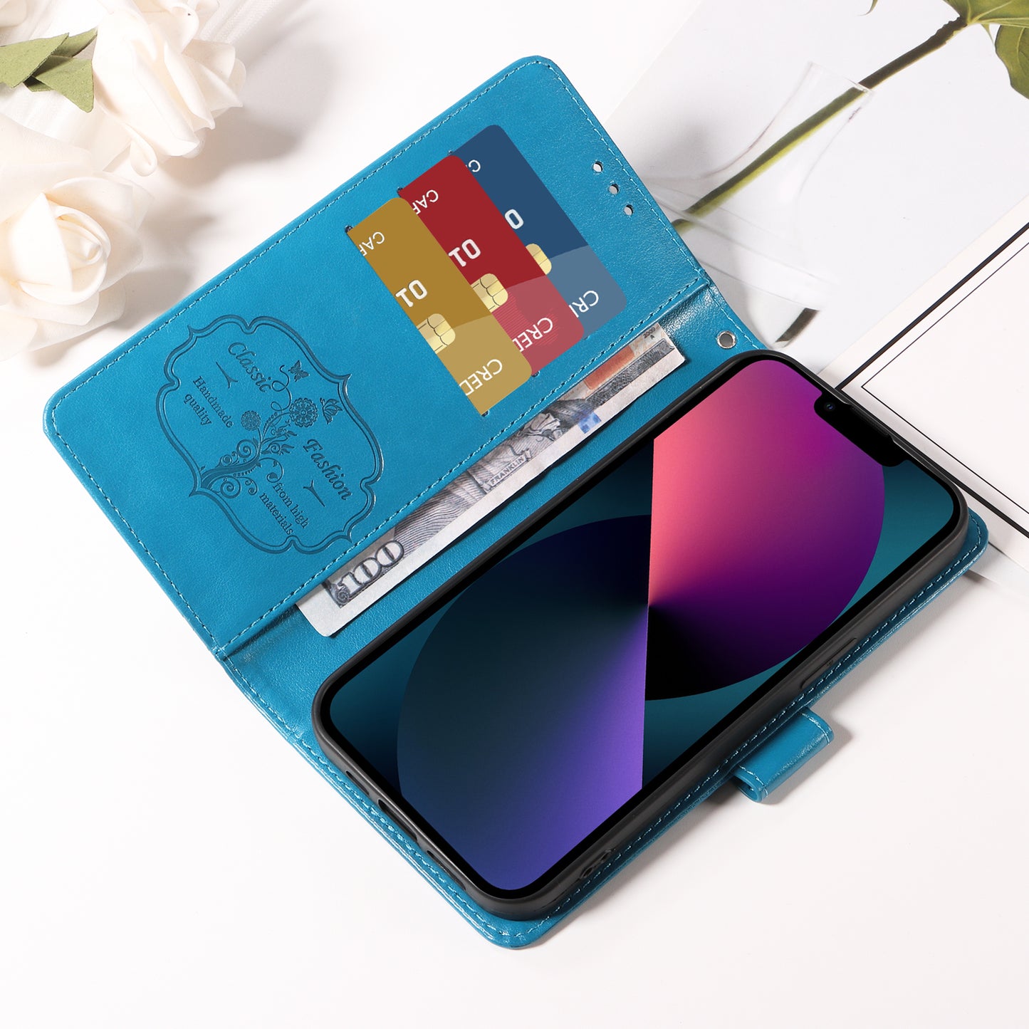 For iPhone 17 Leather Case Butterfly Floral Imprint Wallet Stand Cover - Blue 