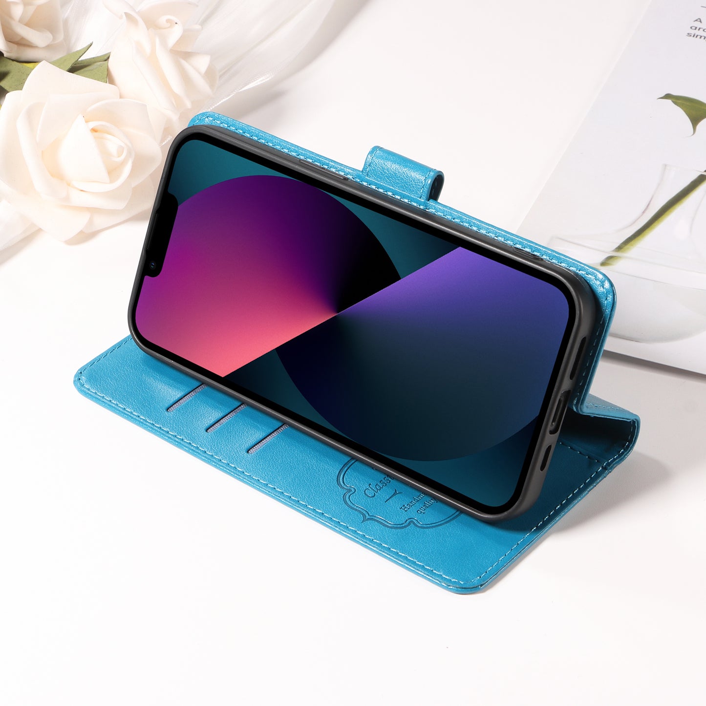 For iPhone 17 Leather Case Butterfly Floral Imprint Wallet Stand Cover - Blue 