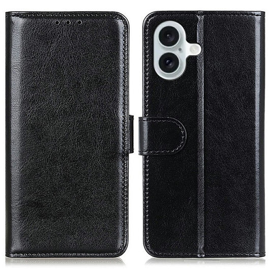 For iPhone 17 Case Crazy Horse Texture PU Leather Phone Stand Cover - Black