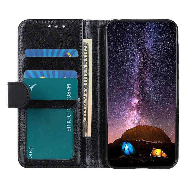 For iPhone 17 Case Crazy Horse Texture PU Leather Phone Stand Cover - Black