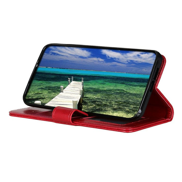 For iPhone 17 Case Crazy Horse Texture PU Leather Phone Stand Cover - Red