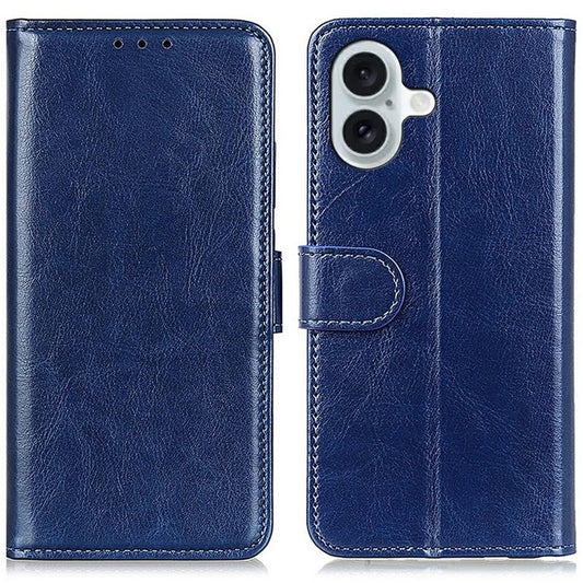 For iPhone 17 Case Crazy Horse Texture PU Leather Phone Stand Cover - Blue