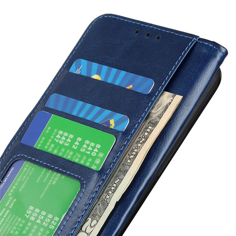 For iPhone 17 Case Crazy Horse Texture PU Leather Phone Stand Cover - Blue