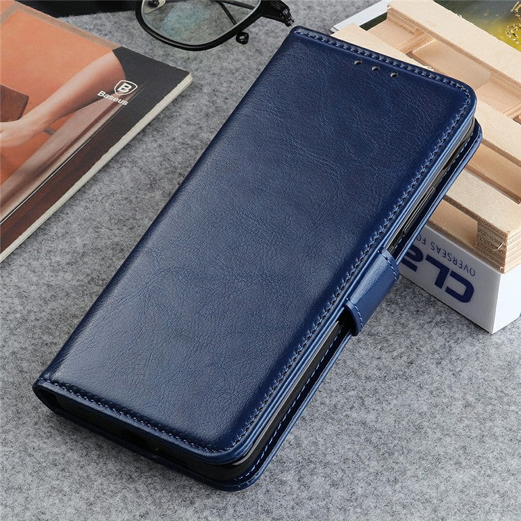 For iPhone 17 Case Crazy Horse Texture PU Leather Phone Stand Cover - Blue