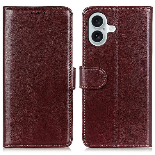For iPhone 17 Case Crazy Horse Texture PU Leather Phone Stand Cover - Brown