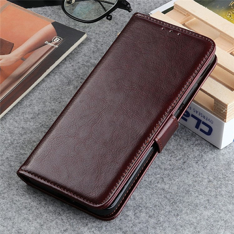 For iPhone 17 Case Crazy Horse Texture PU Leather Phone Stand Cover - Brown