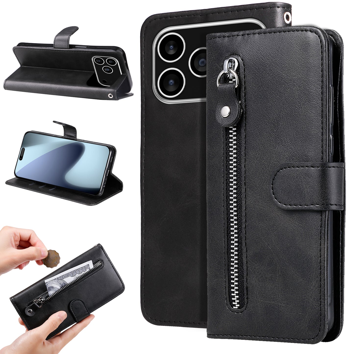 For iPhone 17 Pro PU Leather Cases with Zipper Pocket Wallet Phone Cover Stand - Black