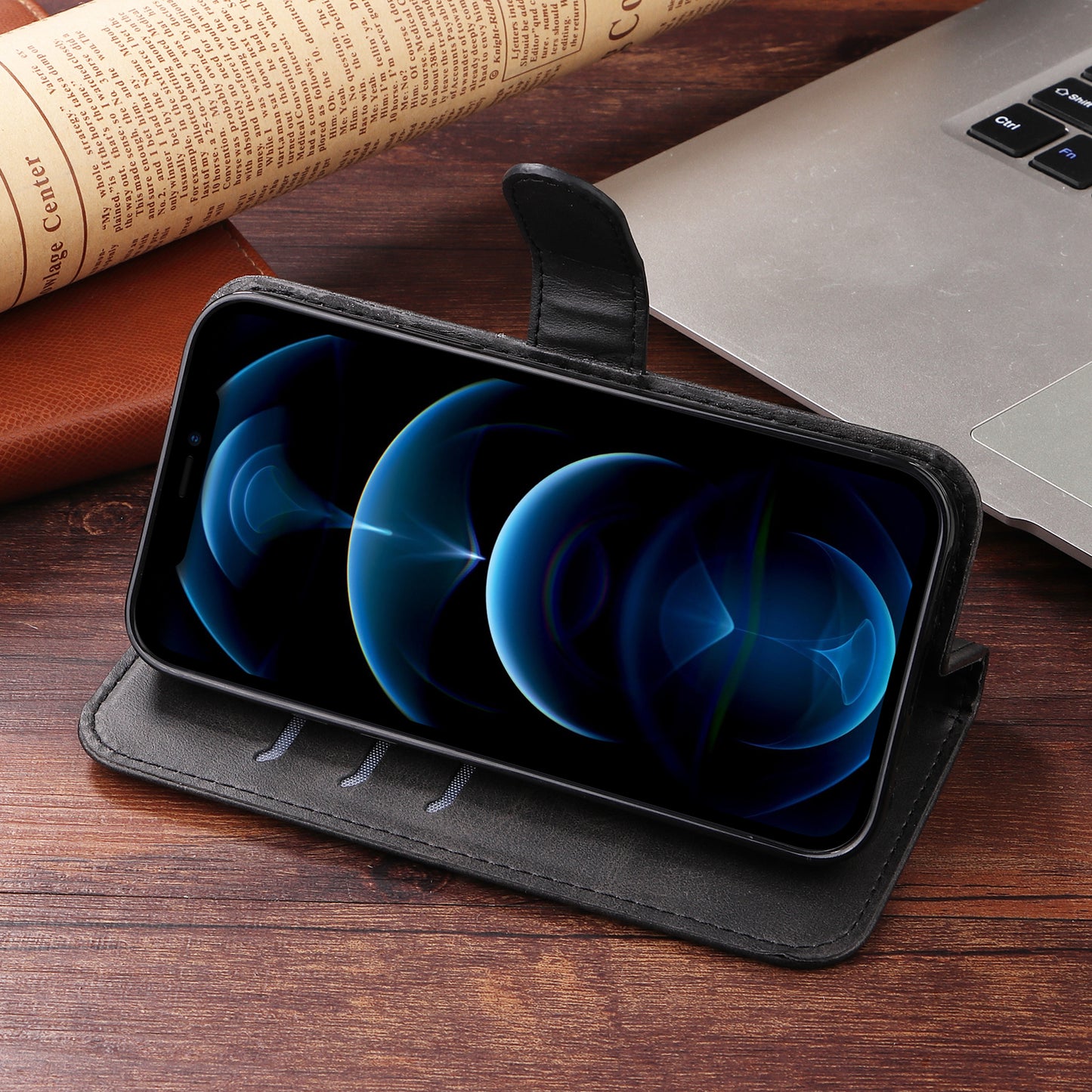 For iPhone 17 Pro PU Leather Cases with Zipper Pocket Wallet Phone Cover Stand - Black
