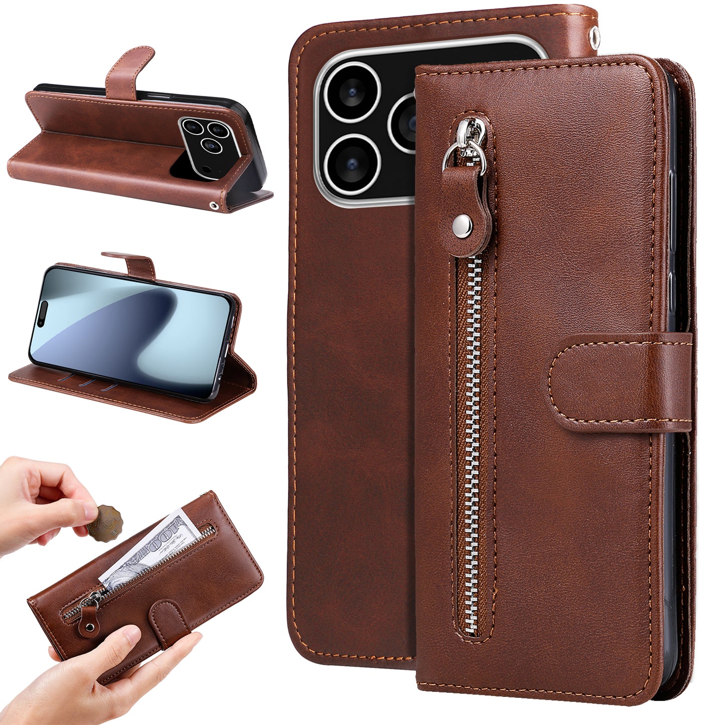 For iPhone 17 Pro PU Leather Cases with Zipper Pocket Wallet Phone Cover Stand - Brown