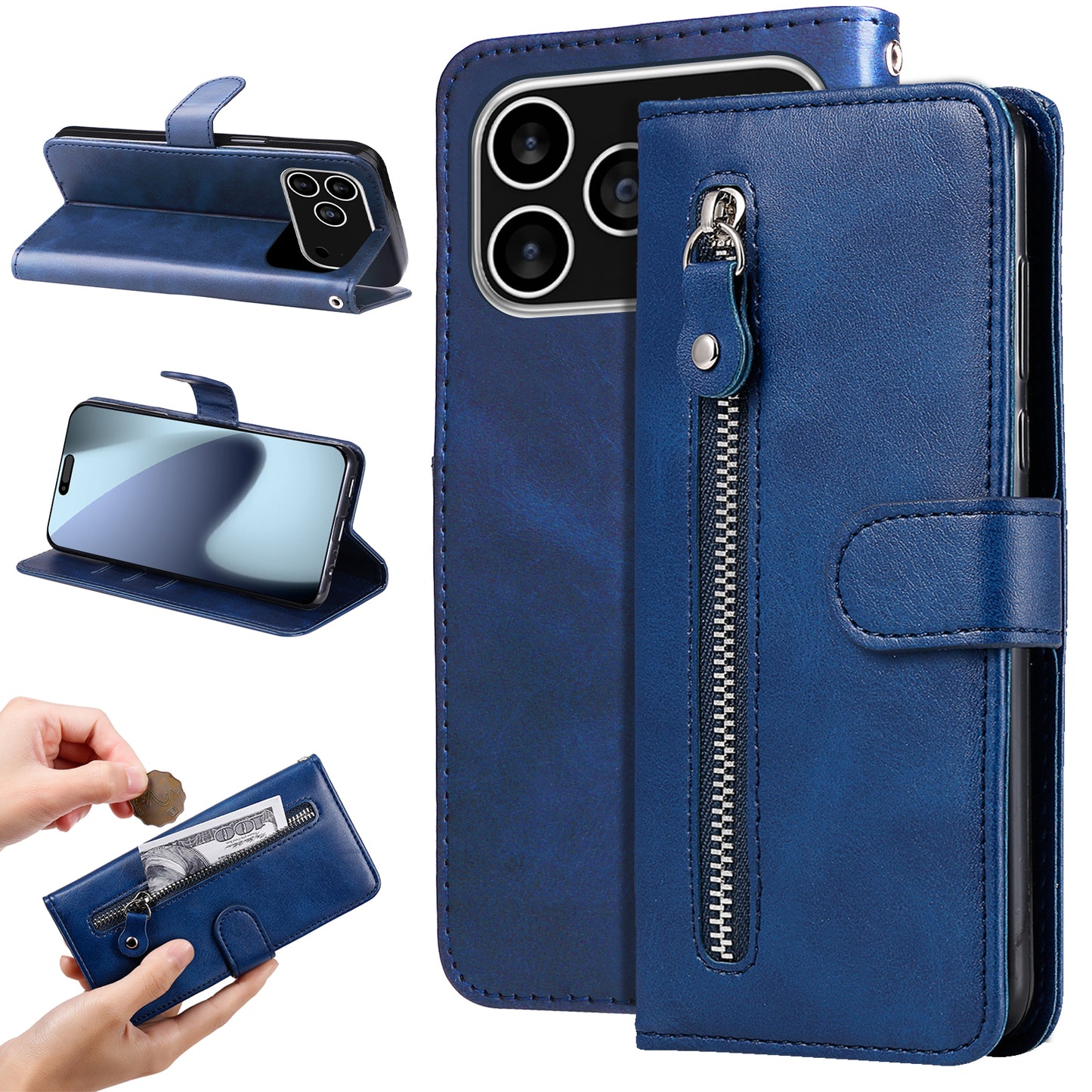For iPhone 17 Pro PU Leather Cases with Zipper Pocket Wallet Phone Cover Stand - Blue
