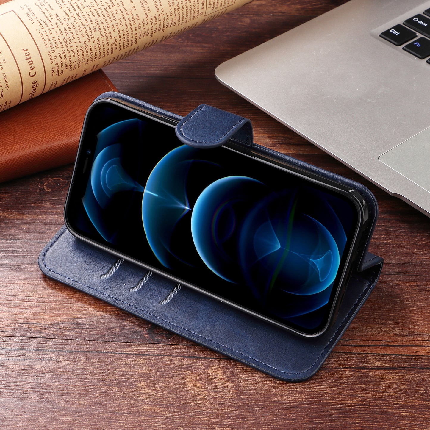 For iPhone 17 Pro PU Leather Cases with Zipper Pocket Wallet Phone Cover Stand - Blue