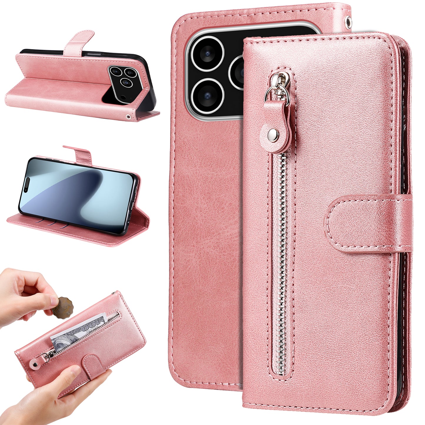 For iPhone 17 Pro PU Leather Cases with Zipper Pocket Wallet Phone Cover Stand - Pink