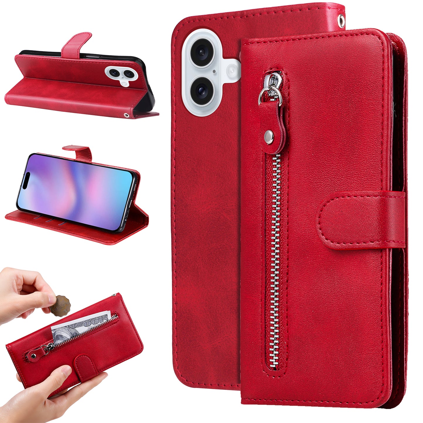 For iPhone 17 PU Leather Cases with Zipper Pocket Wallet Phone Cover Stand - Red