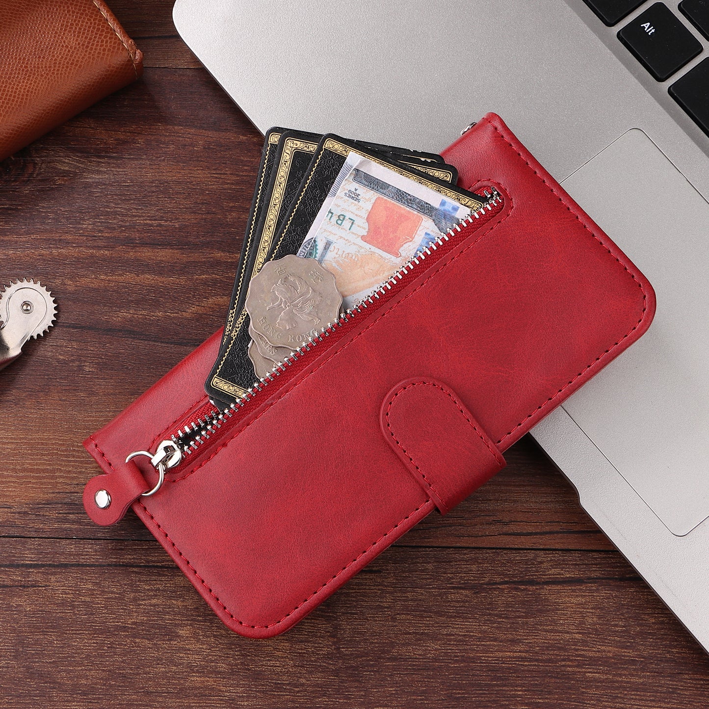 For iPhone 17 PU Leather Cases with Zipper Pocket Wallet Phone Cover Stand - Red
