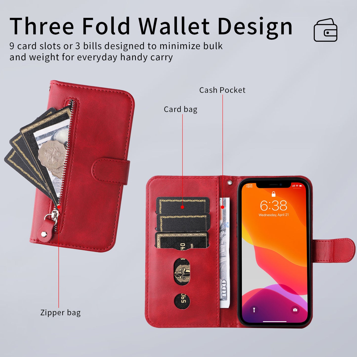 For iPhone 17 PU Leather Cases with Zipper Pocket Wallet Phone Cover Stand - Red
