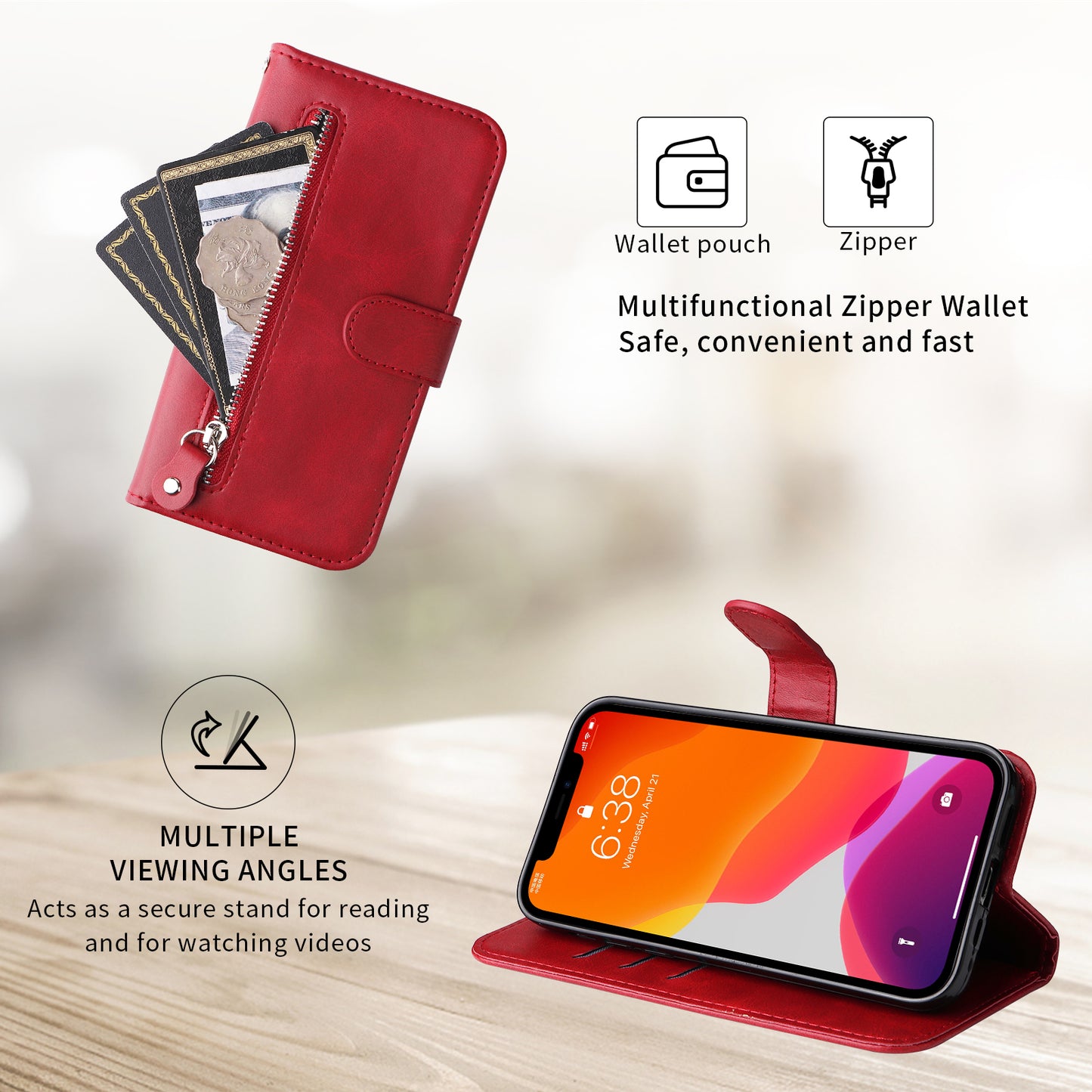For iPhone 17 PU Leather Cases with Zipper Pocket Wallet Phone Cover Stand - Red