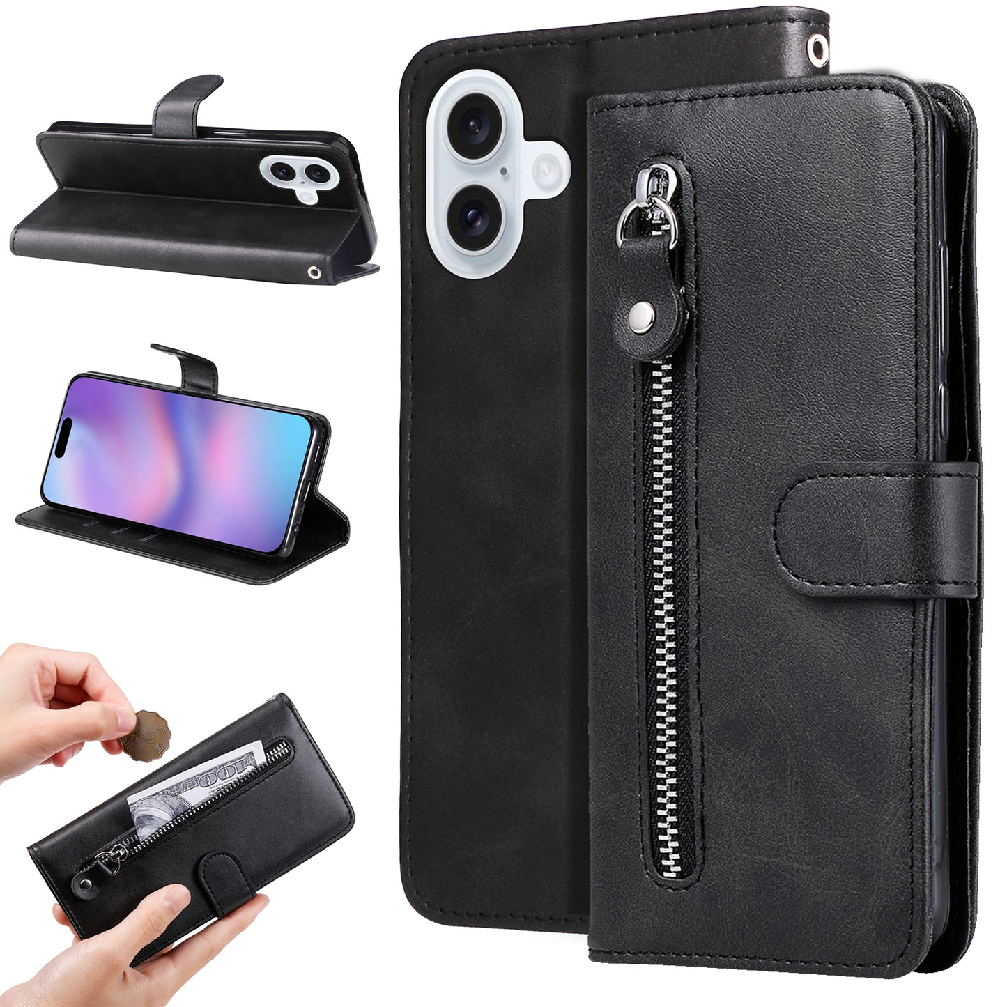 For iPhone 17 PU Leather Cases with Zipper Pocket Wallet Phone Cover Stand - Black