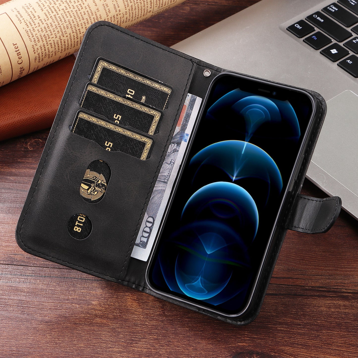 For iPhone 17 PU Leather Cases with Zipper Pocket Wallet Phone Cover Stand - Black