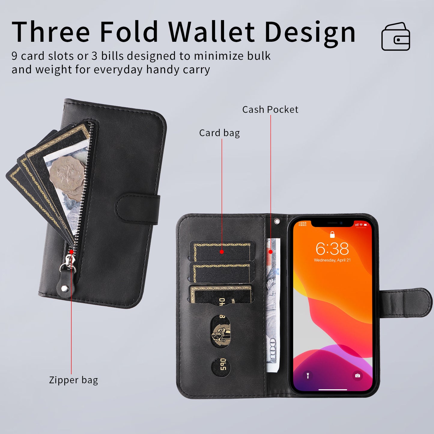 For iPhone 17 PU Leather Cases with Zipper Pocket Wallet Phone Cover Stand - Black