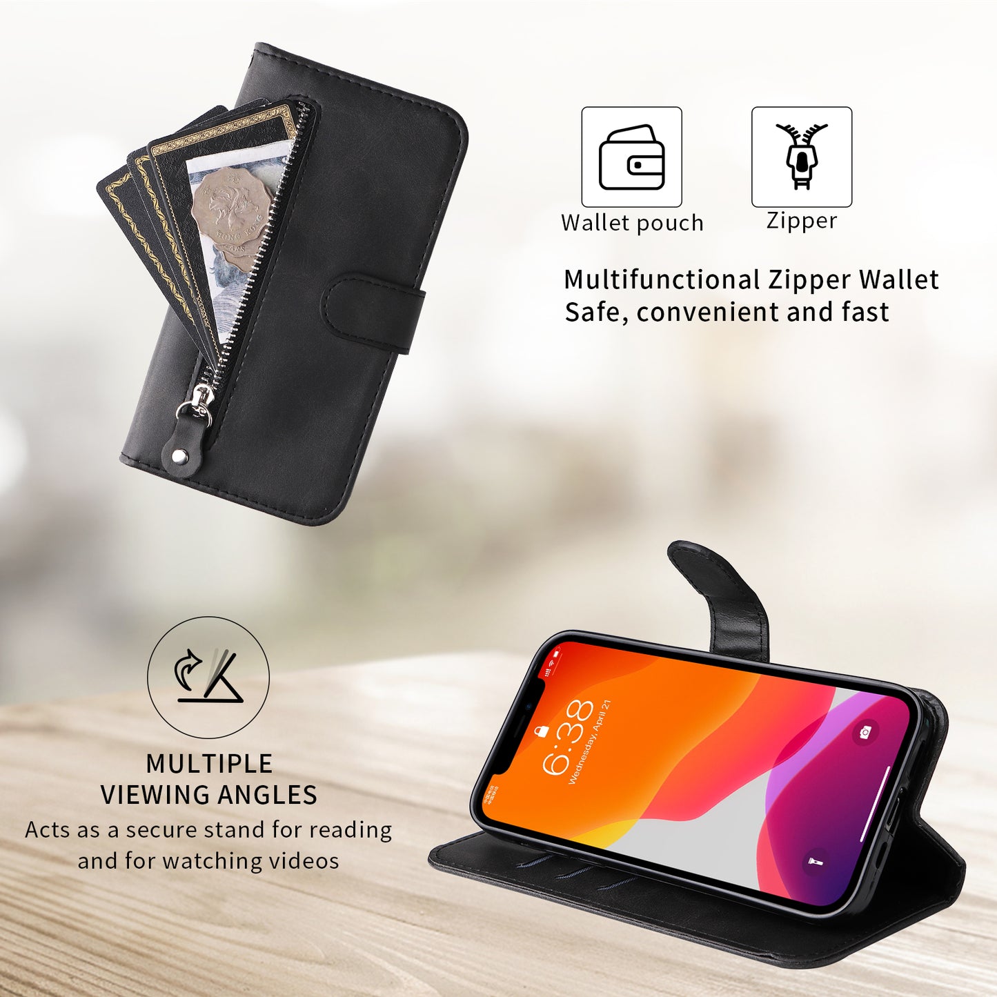 For iPhone 17 PU Leather Cases with Zipper Pocket Wallet Phone Cover Stand - Black