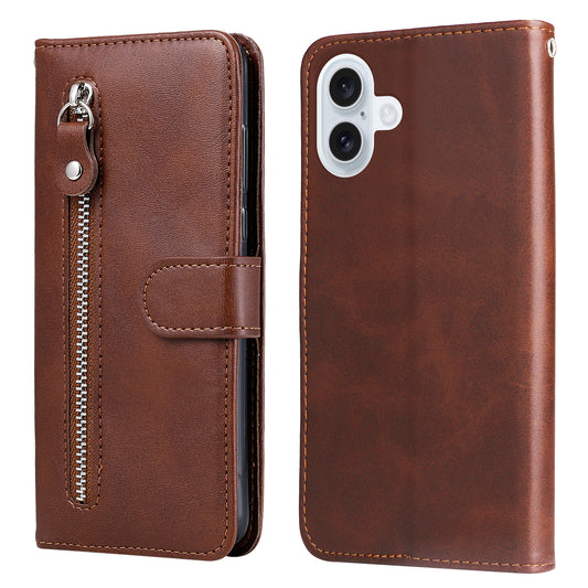 For iPhone 17 PU Leather Cases with Zipper Pocket Wallet Phone Cover Stand - Brown