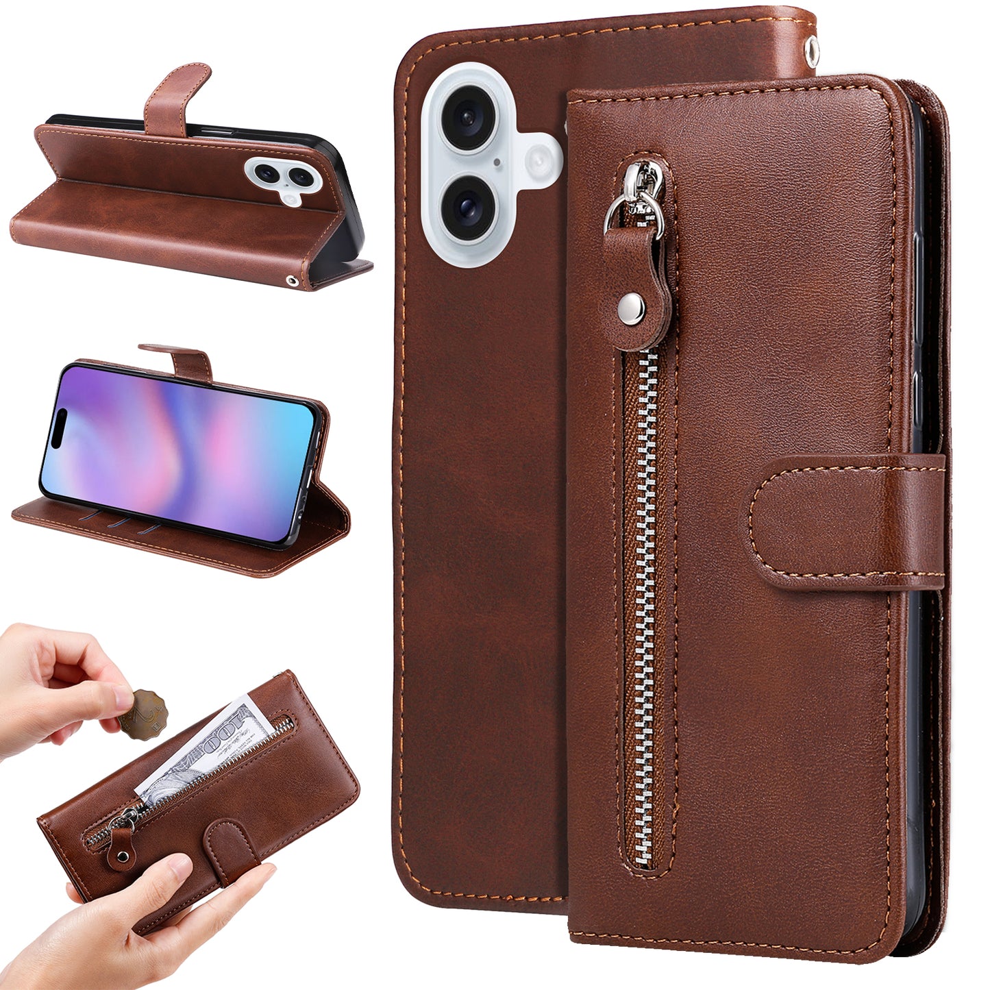 For iPhone 17 PU Leather Cases with Zipper Pocket Wallet Phone Cover Stand - Brown