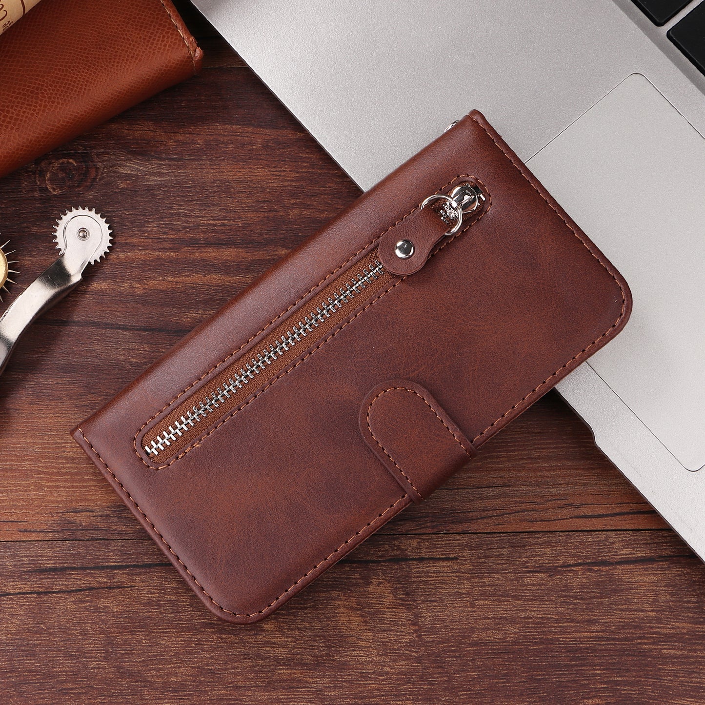 For iPhone 17 PU Leather Cases with Zipper Pocket Wallet Phone Cover Stand - Brown