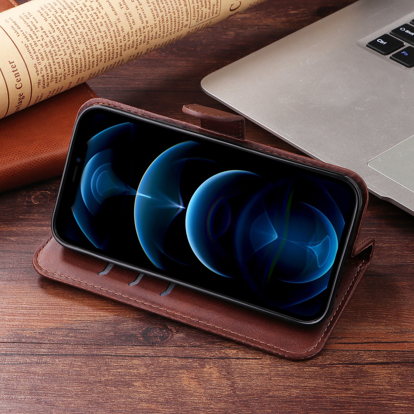 For iPhone 17 PU Leather Cases with Zipper Pocket Wallet Phone Cover Stand - Brown