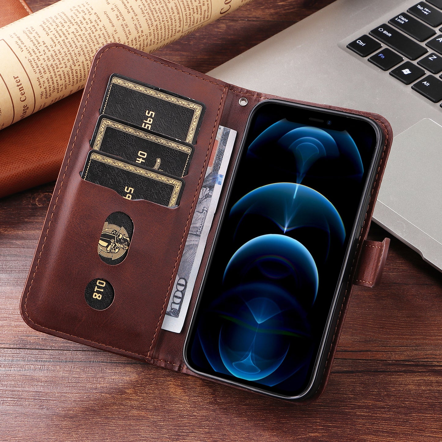 For iPhone 17 PU Leather Cases with Zipper Pocket Wallet Phone Cover Stand - Brown