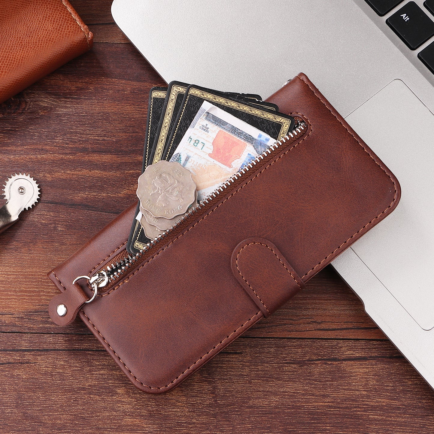 For iPhone 17 PU Leather Cases with Zipper Pocket Wallet Phone Cover Stand - Brown