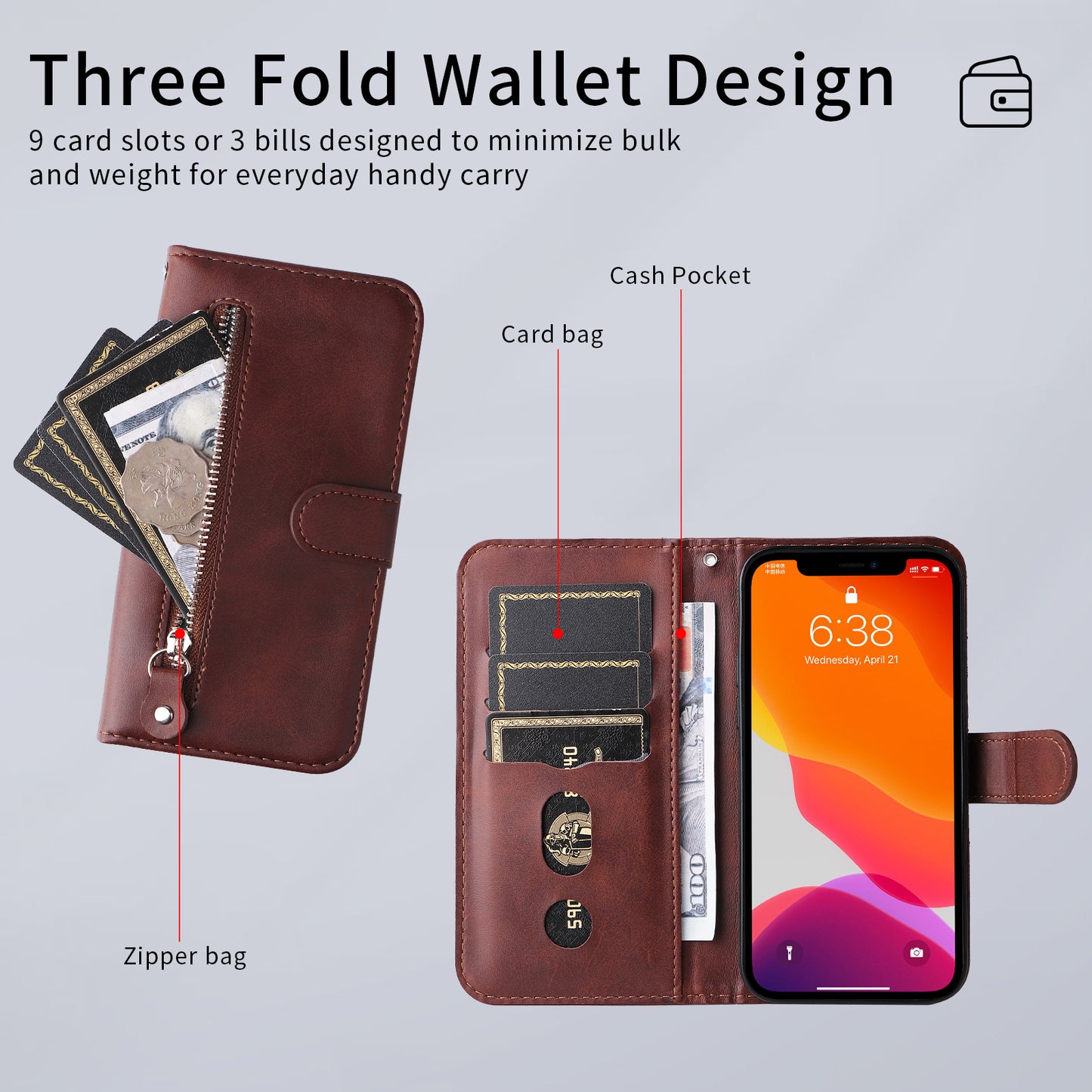 For iPhone 17 PU Leather Cases with Zipper Pocket Wallet Phone Cover Stand - Brown