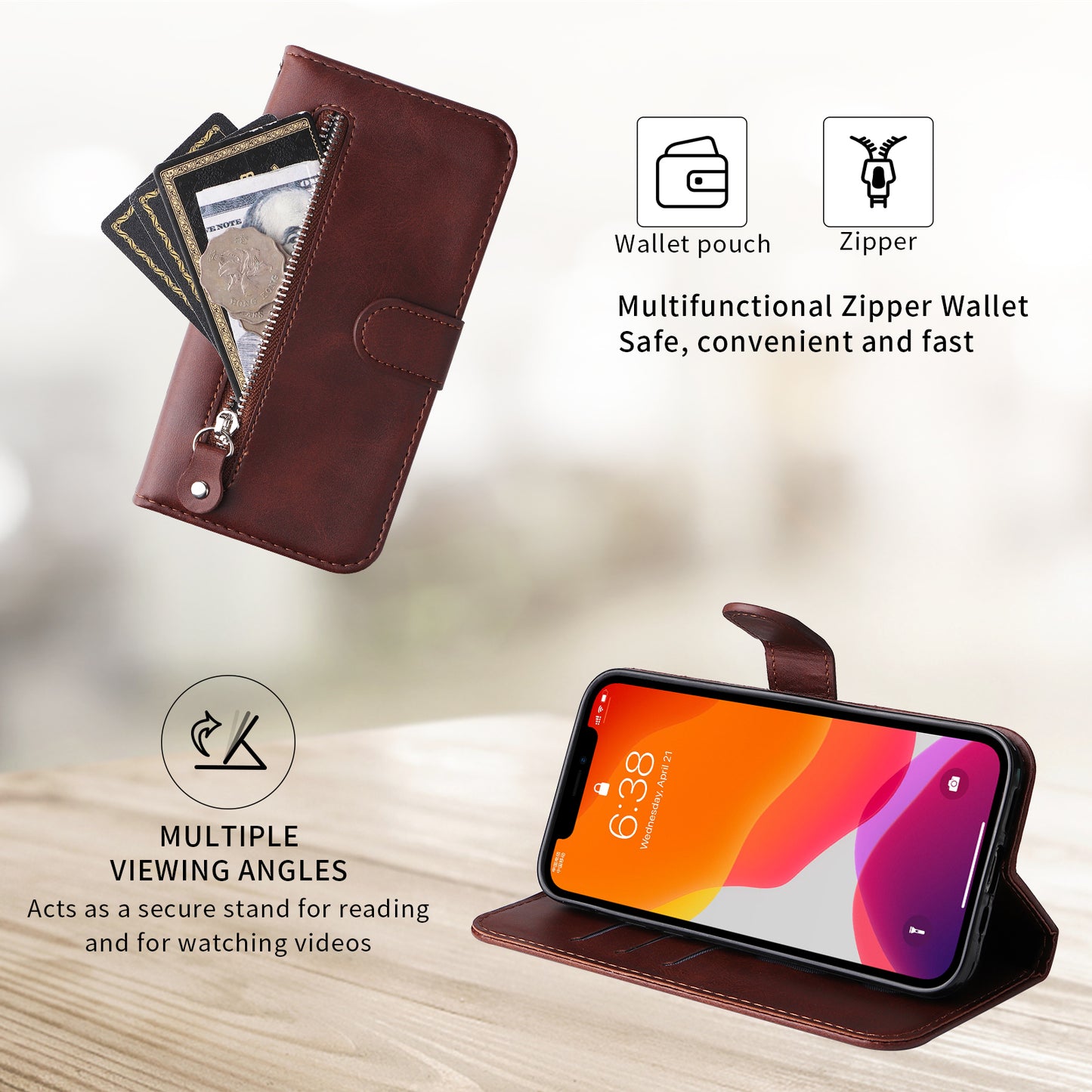 For iPhone 17 PU Leather Cases with Zipper Pocket Wallet Phone Cover Stand - Brown
