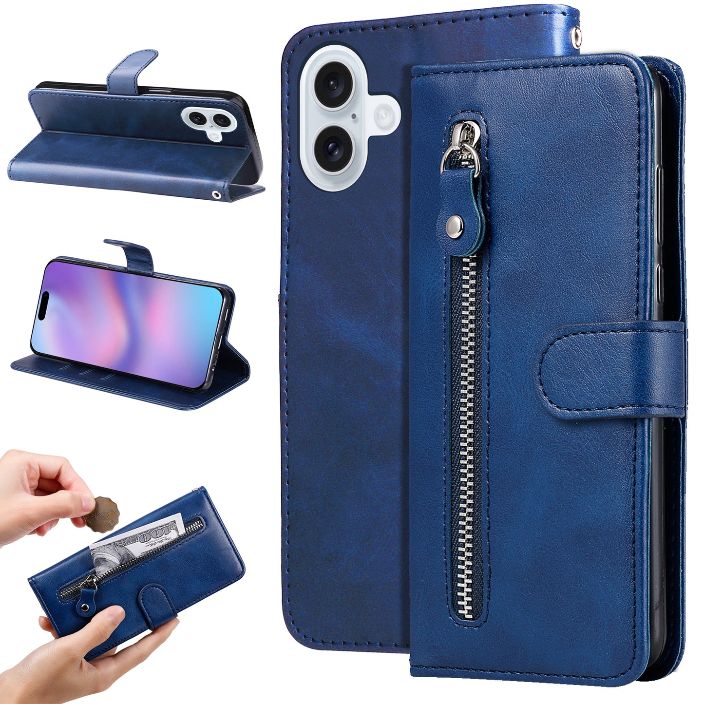 For iPhone 17 PU Leather Cases with Zipper Pocket Wallet Phone Cover Stand - Blue