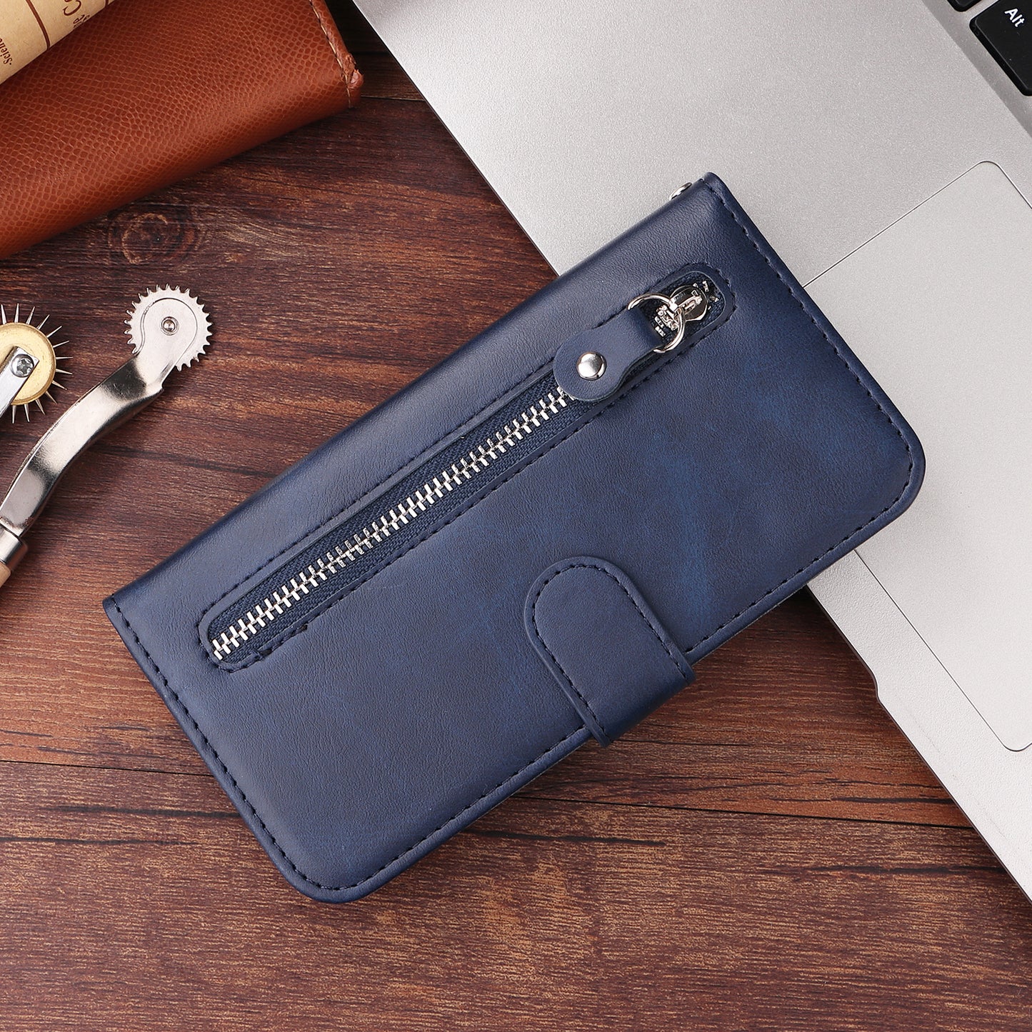 For iPhone 17 PU Leather Cases with Zipper Pocket Wallet Phone Cover Stand - Blue