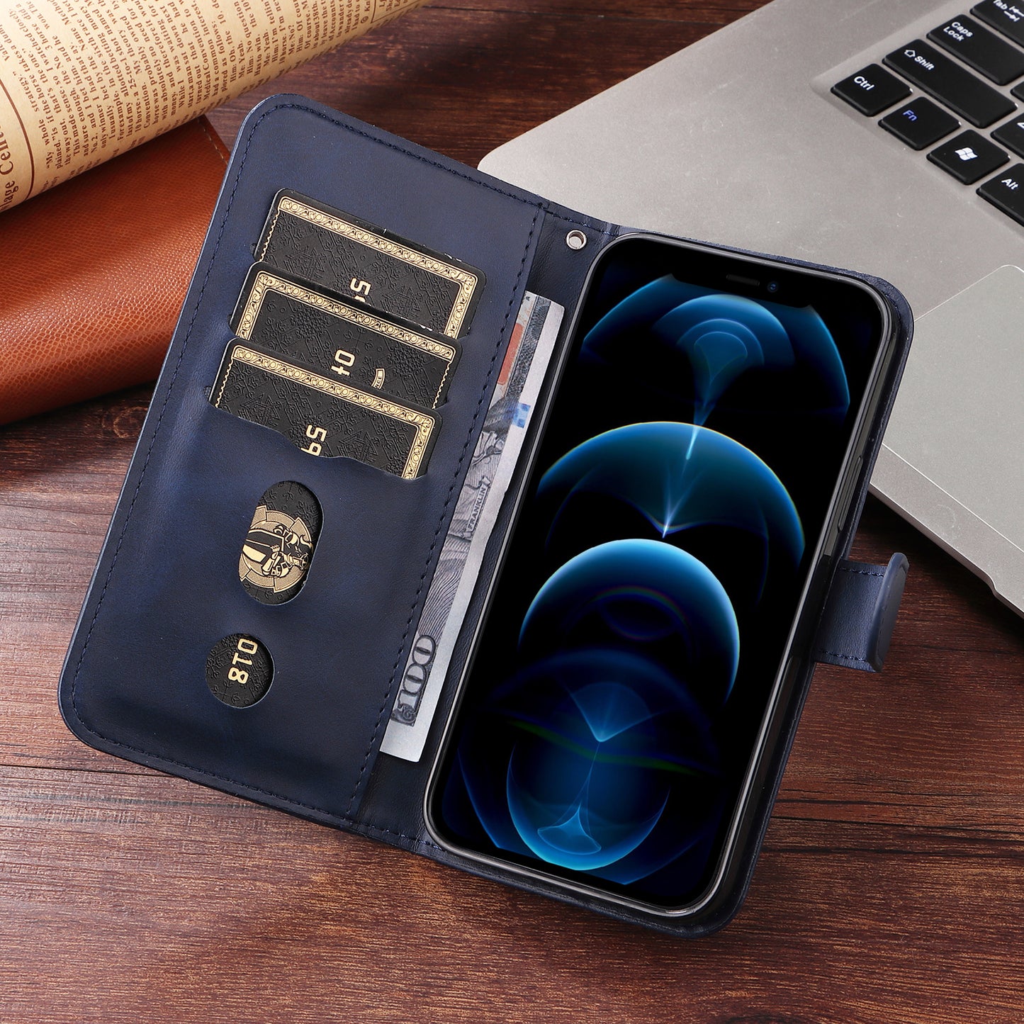 For iPhone 17 PU Leather Cases with Zipper Pocket Wallet Phone Cover Stand - Blue